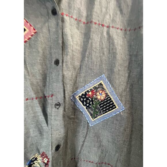 Bobbie Brooks Blouse Shirt Womens Large Short Sleeve Embroidery Gray Floral Vtg - Picture 2 of 8